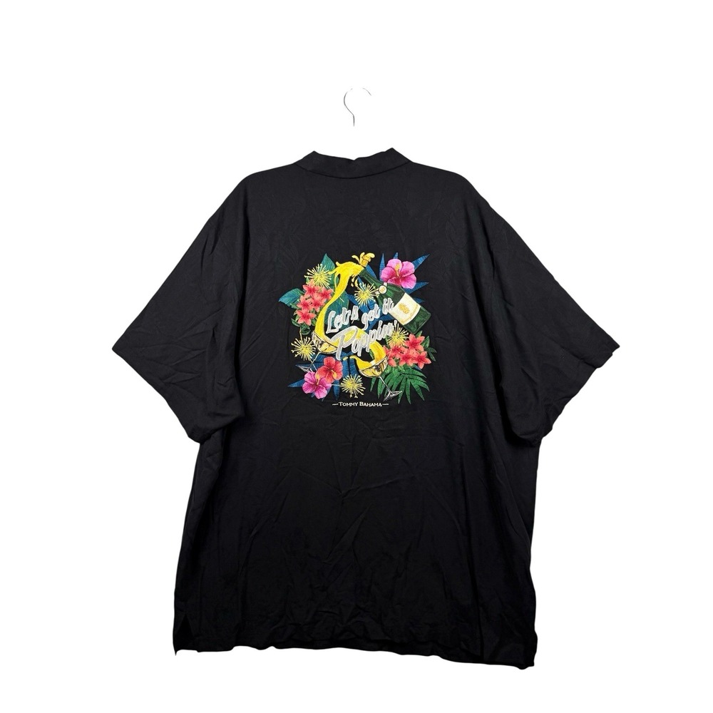Tommy Bahama 100% Silk Camp Shirt Mens 2XL Black Let's Get Poppin Hawaiian